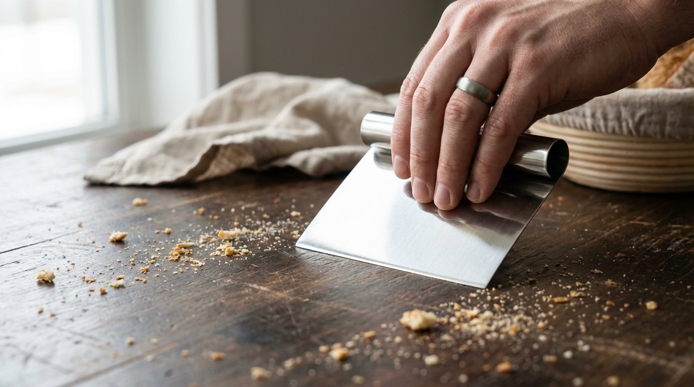 Consiglio per le pulizie domestiche: come pulire efficacemente le briciole dal tavolo con un raschietto da cucina