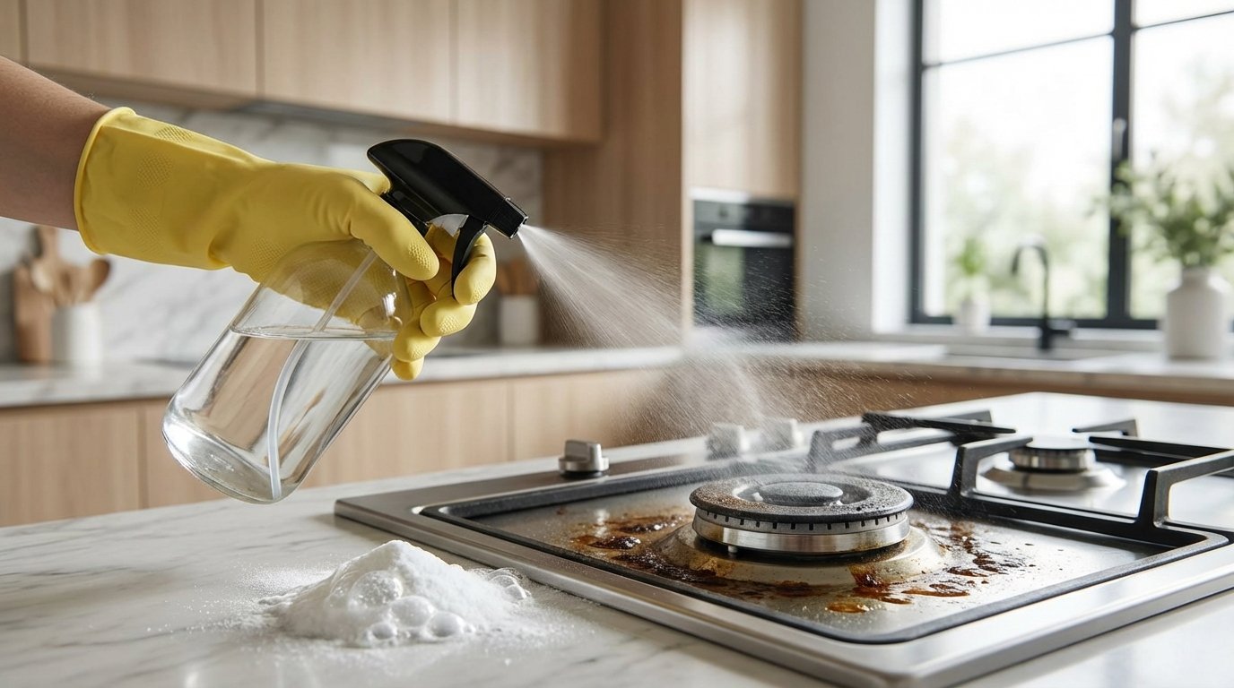 Grasso incrostato sul fornello: questa miscela all’aceto bianco agisce in 15 minuti