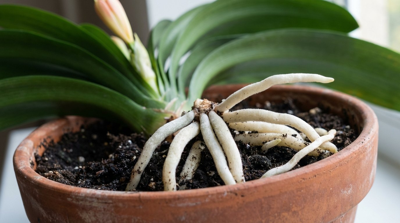 Vaso stretto e radici di fuori il segreto per una fioritura esplosiva della clivia